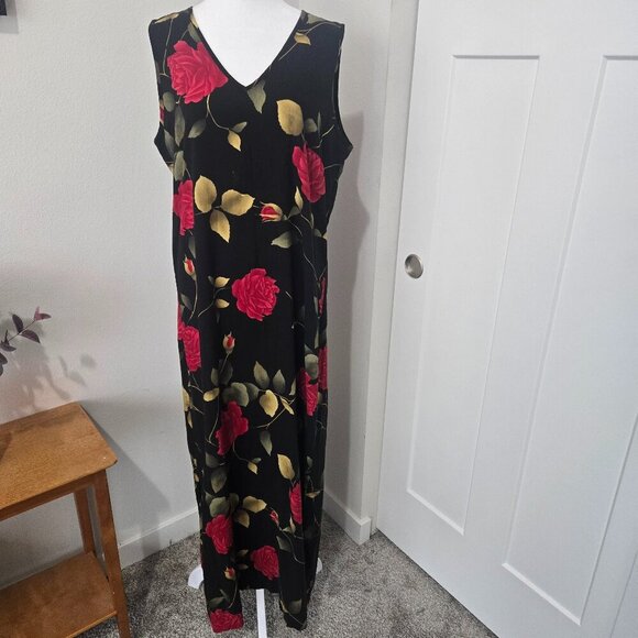 Units Vintage Black Floral Rayon V-Neck Sleeveless Casual Maxi Large - Picture 1 of 9